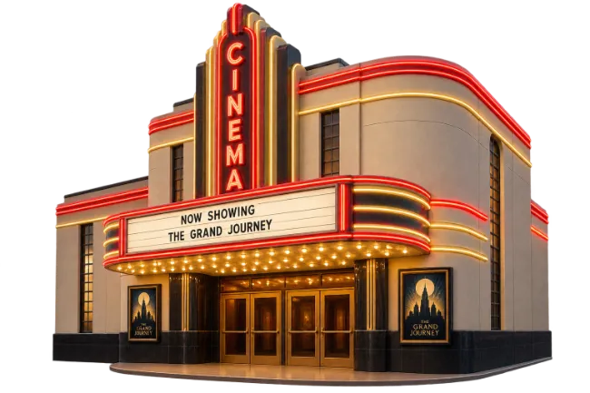 Vintage Cinema Building with Neon Lights