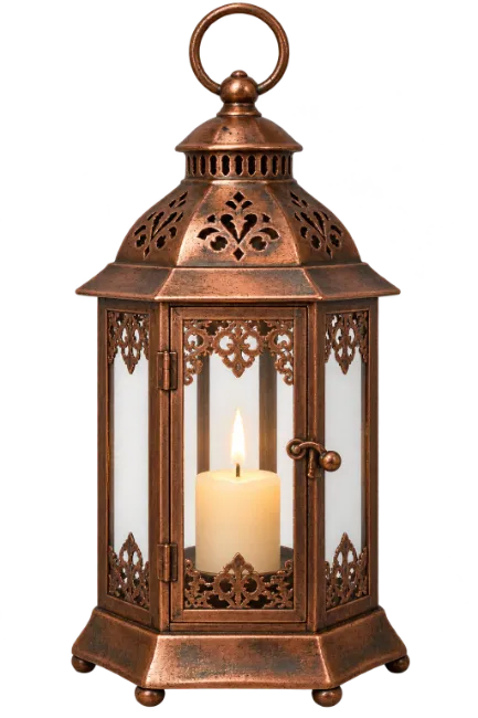 Vintage Copper Decorative Lantern with Lit Candle