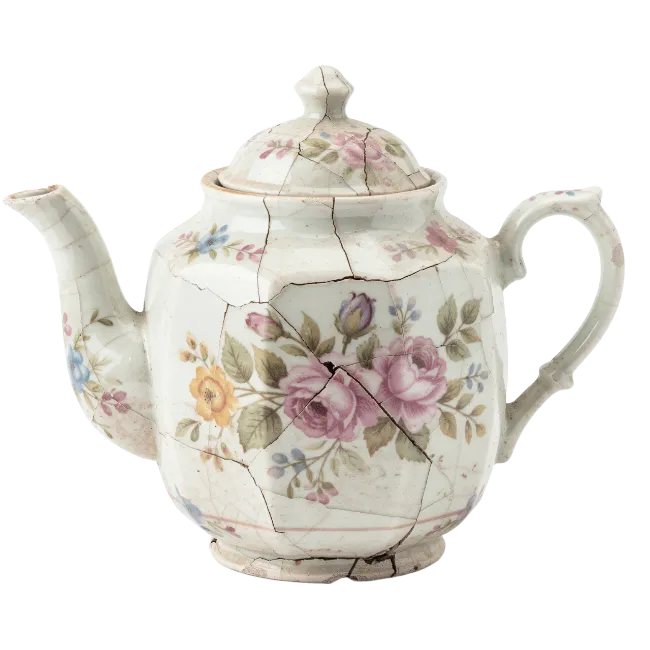 Vintage Cracked Porcelain Teapot with Floral Pattern