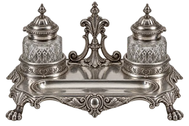 Vintage Double Inkwell with Ornate Silver Stand