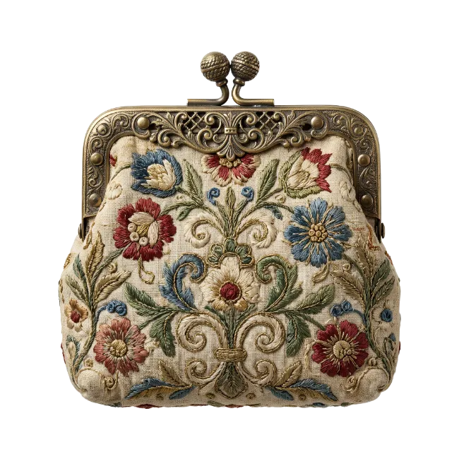 Vintage Embroidered Floral Purse with Brass Clasp