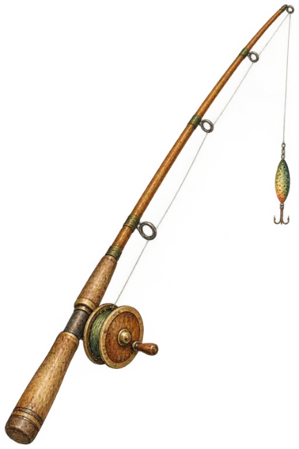 Vintage Fishing Rod with Reel and Net Illustration