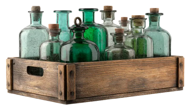 Vintage Glass Bottles in Wooden Crate