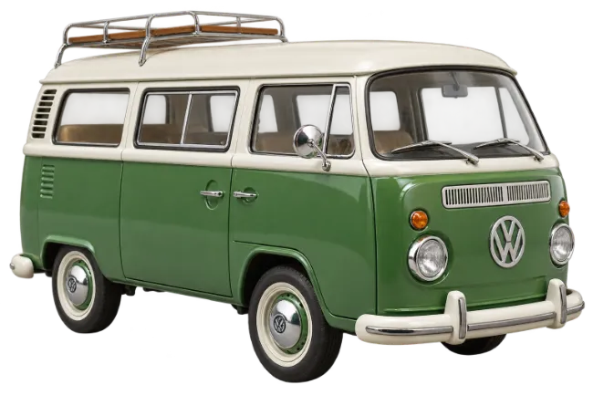 Vintage Green and White Camper Van with Roof Rack