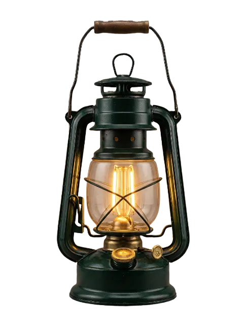 Vintage Green Camping Lantern with Glowing LED Bulb