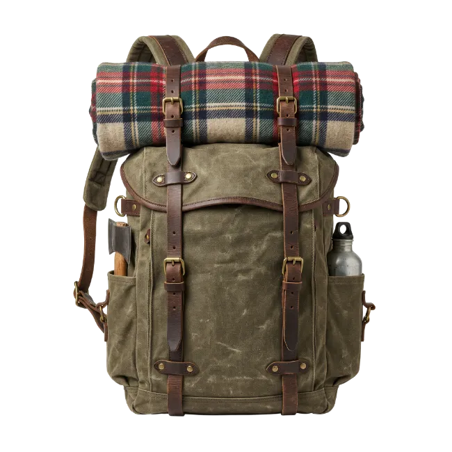 Vintage Green Canvas Backpack with Rolled Blanket