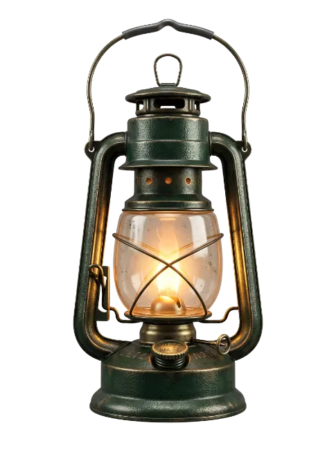 Vintage Green Oil Lantern With Glowing Flame