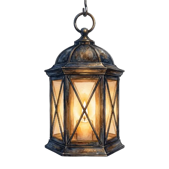 Vintage hanging lantern with a lit candle