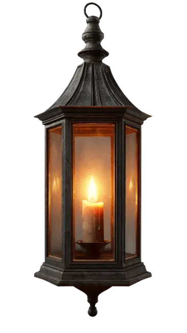 Vintage hanging metal lantern with burning candle