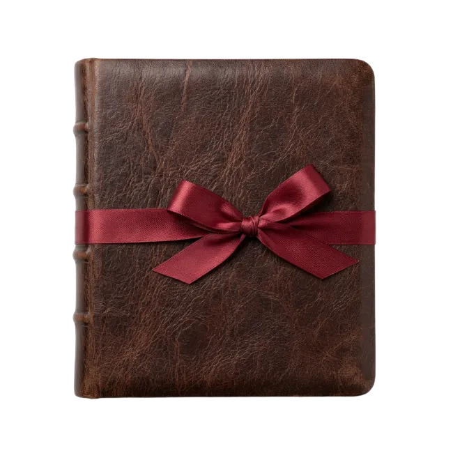 Vintage leather bound book with red ribbon bow