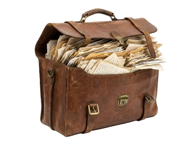 Vintage Leather Briefcase Packed with Papers