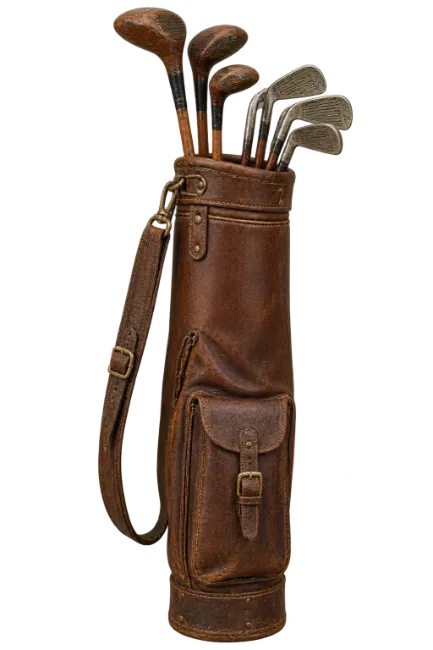 Vintage leather golf bag with classic clubs