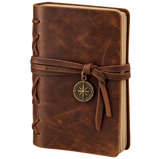 Vintage leather journal with compass charm