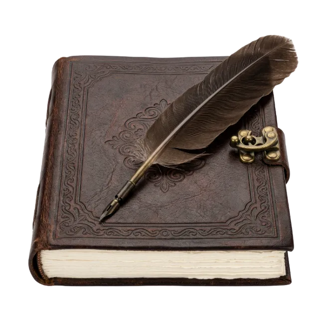 Vintage leather journal with feather quill pen