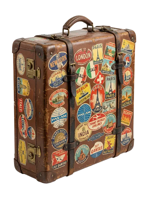 Vintage leather suitcase covered in travel stickers