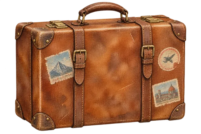 Vintage leather suitcase with travel stickers