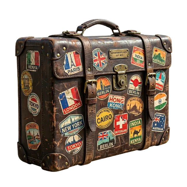 Vintage leather suitcase with travel stickers