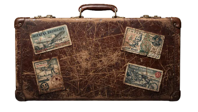 Vintage leather suitcase with travel stickers