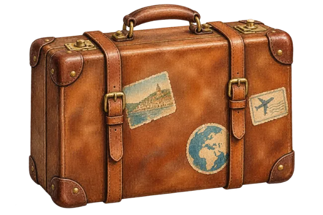 Vintage leather travel suitcase with stickers