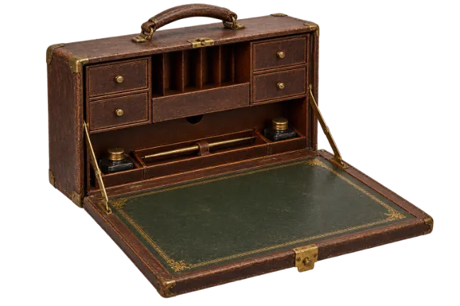 Vintage leather writing box with compartments and inkwells