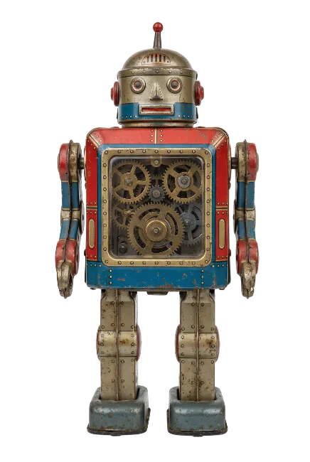 Vintage Mechanical Tin Robot Toy with Exposed Gears