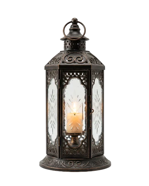 Vintage Metal Lantern with Burning Candle