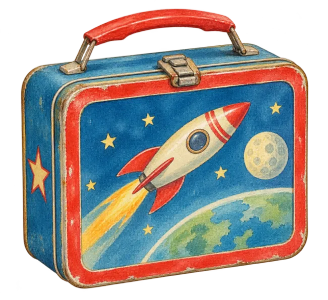 Vintage Metal Lunch Box with Rocket Illustration