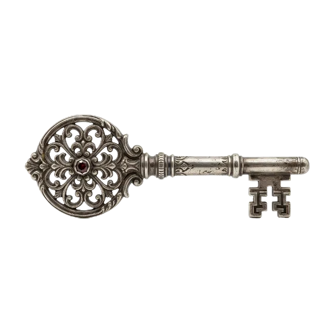Vintage Ornate Skeleton Key with Ruby Gemstone