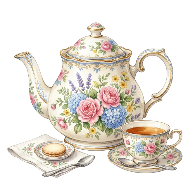 Vintage Porcelain Teapot and Teacup with Floral Patterns