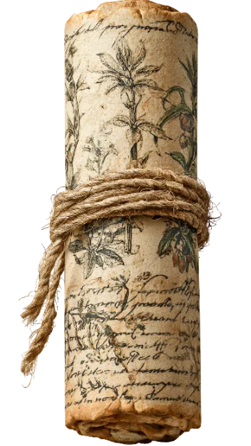 Vintage Rolled Paper Scroll with Botanical Illustration and Handwriting