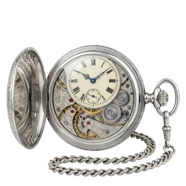 Vintage Silver Pocket Watch with Open Case and Chain
