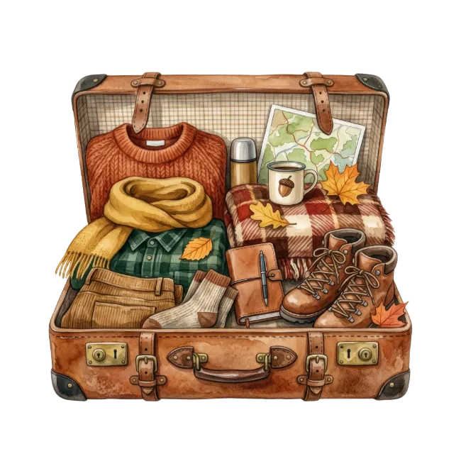 Vintage suitcase packed for autumn travel and adventure