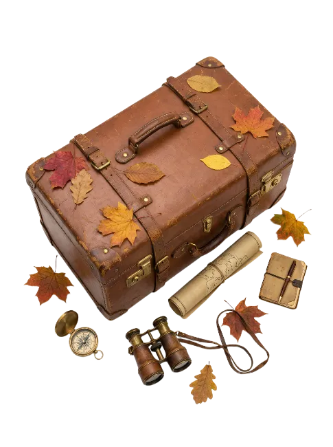 Vintage Suitcase With Travel Gear And Autumn Leaves