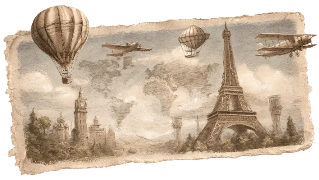 Vintage Travel Illustration with Landmarks and Airplanes