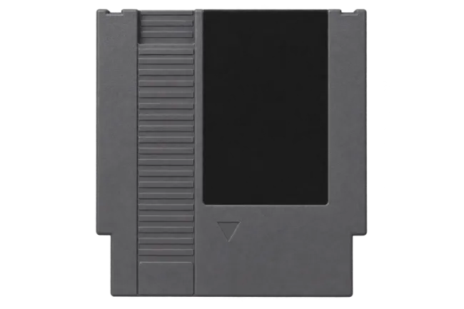 Vintage video game cartridge on black background