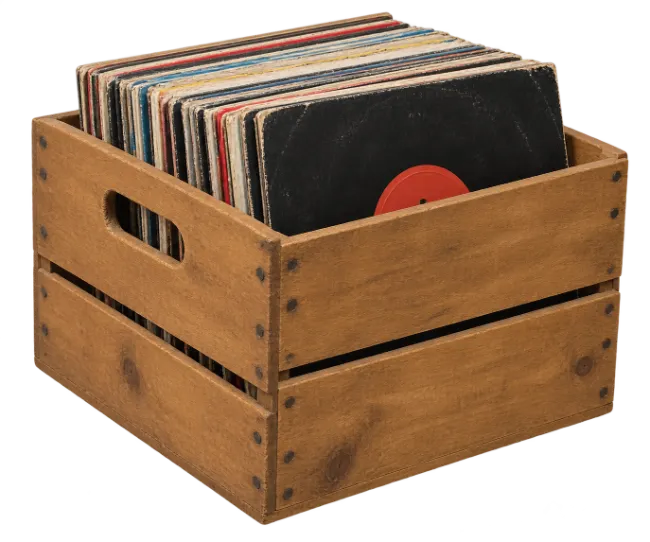 Vintage Vinyl Records Stored in Wooden Crate