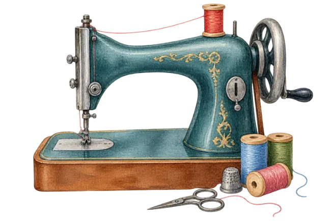 Vintage Watercolor Sewing Machine with Thread