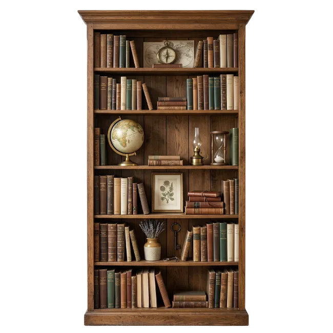 Vintage Wooden Bookshelf with Books and Globes