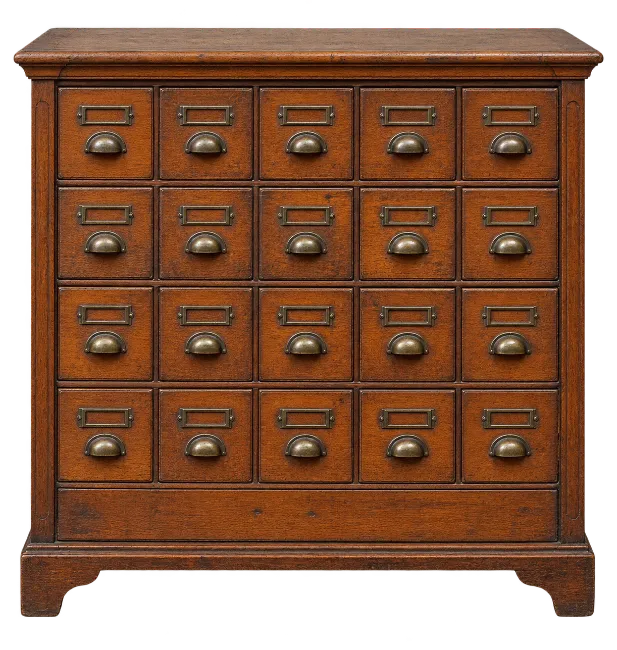 Vintage Wooden Card Catalog Cabinet with Twenty Drawers