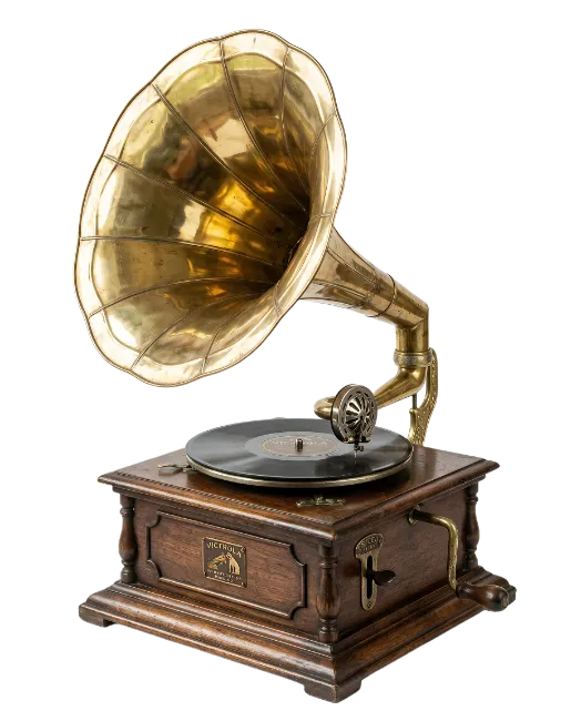 Vintage Wooden Gramophone with Brass Horn