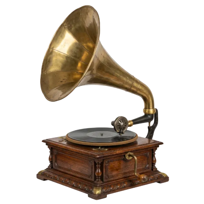 Vintage Wooden Gramophone with Brass Horn