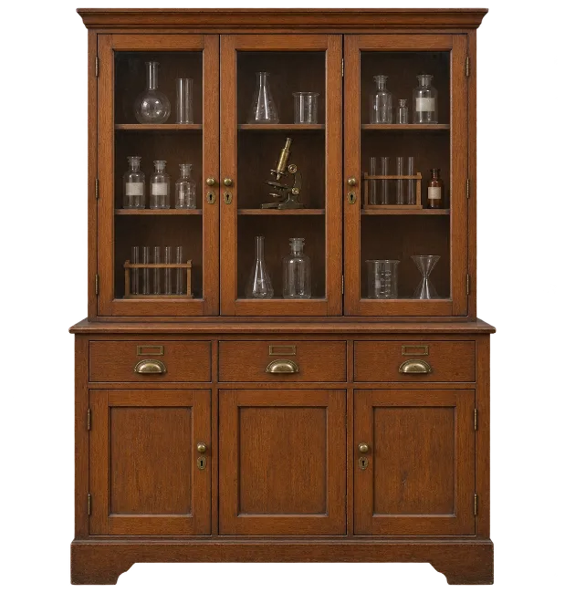 Vintage Wooden Laboratory Cabinet with Glass Doors