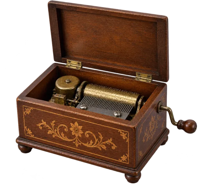 Vintage Wooden Music Box Open With Crank
