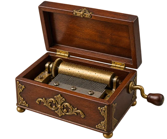 Vintage Wooden Music Box with Mechanical Movement