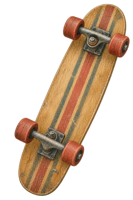 Vintage wooden skateboard with red wheels