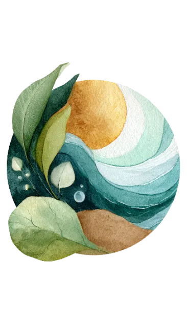 Watercolor Abstract Nature Composition with Leaves and Sun