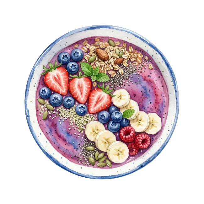 Watercolor Acai Smoothie Bowl with Fruit and Granola