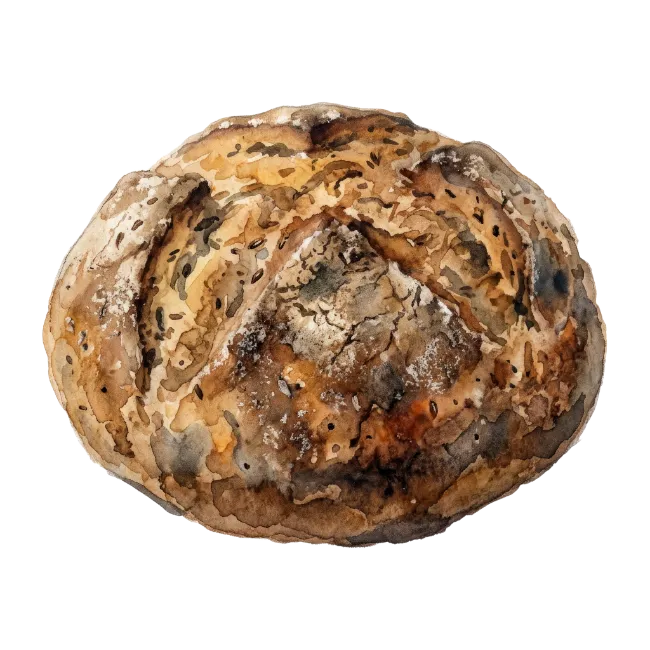 Watercolor art of a rustic round loaf of bread