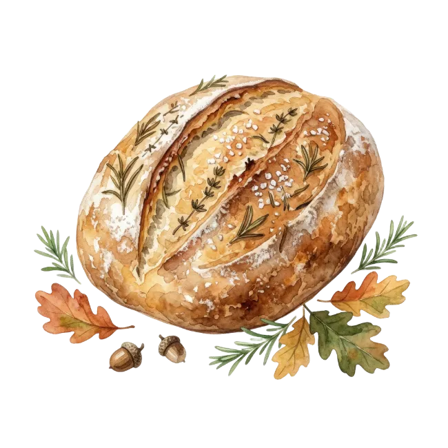 Watercolor Artisan Bread with Herbs and Autumn Leaves