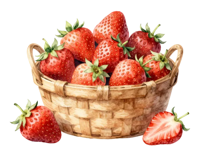 Watercolor Basket of Fresh Red Strawberries